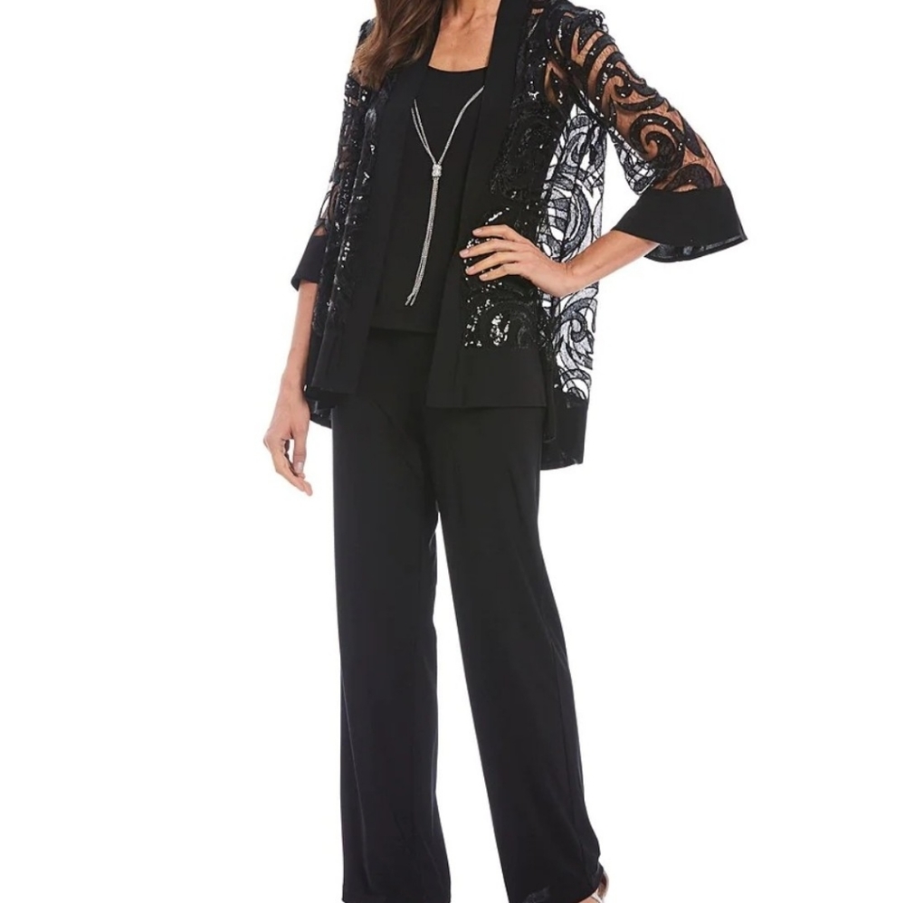 R&M Richard's Swirl Sequin Jacket 2 Piece Pant Set. Black. Size 14.